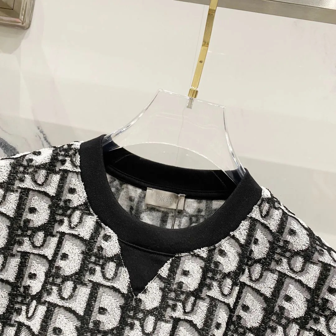 🅿️180 DIOR 260g round neck short-sleeved T-shirt, towel fabric with presbyopic letters LOGO printed all over, official synchronization, high version, high quality, fashionable personality, versatile trend, pure original quality, original fabric, tag, collar label, washed wheat, complete three standards, color: black, blue, light green. Size: XS-L