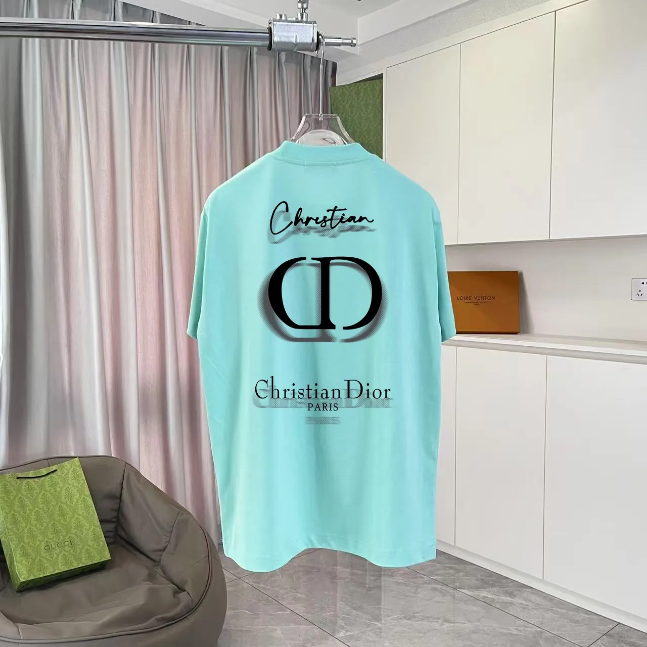 🅿️170 Dio Dior 2025 summer new style Personalized letter logo printing Short-sleeved T-shirt Customized fabric 300g Same style for men and women Color: black white lake green sky blue Size: S M L XL XXL five sizes ​
