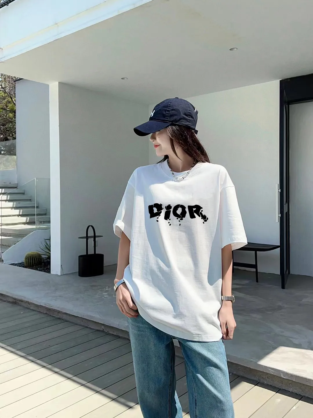 🅿️170 [DIOR Dior] 2025FW short-sleeved T-shirt, silicone thick plate LOGO, high-end 26s double yarn 300g fabric, heavy fabric, custom stretcher rib, same cylinder and dye, complete three standards, same style for men and women, color: black, white, size: S M L XL 2XL