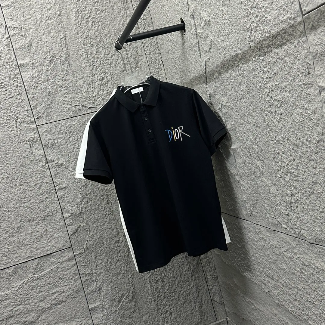 🅿️180 Dio*Dior* short-sleeved POLO 2025 spring and summer new style Simple letter embroidered pique fabric Short-sleeved polo stand-up collar Unisex Size: M L XL 2XL 3XL Color: Black White