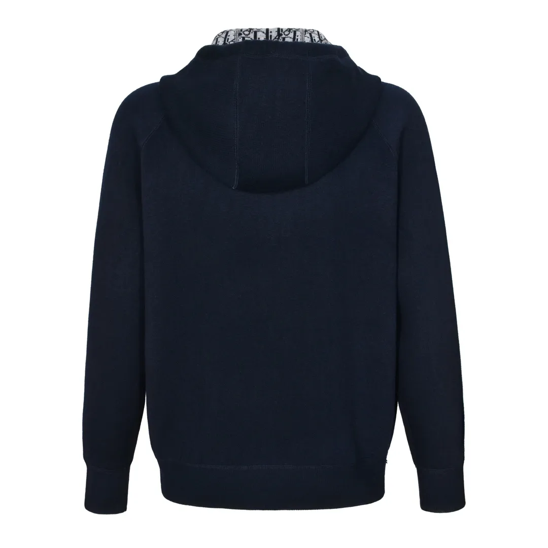 🅿️800 [Exclusive supply] CD 24FW jacquard cashmere knitted hooded sweatshirt (navy blue) originally purchased for 17,500. The fabric is carefully made of milky white cotton and cashmere blended fabric. The composition is 91% cotton + 9% cashmere, integrating classic high-order charm into a basic item. Small DR embroidery on the front left pocket and Obliqu knitted jacquard all over inside. Custom-woven cotton rib on the board, feels thick and breathable. The hardware and accessories of the whole garment are all custom-made according to the original mold. The drawstring hood is matched with an engraved metal clock. The two-way zipper fastener opens and closes, with a zipper puller engraved with the DR logo. It is sewn with imported special machine overlocking and open stitching. It is the same style for men and women and has a slim fit. size: s-L