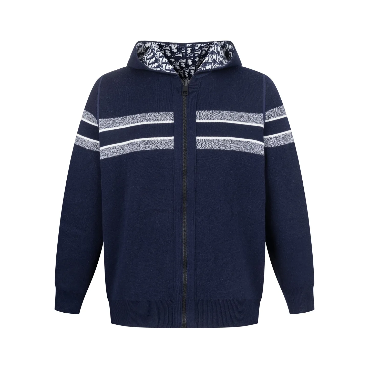 🅿️560 [Exclusive supply] CD 20SS Double-sided jacquard cashmere knitted hooded jacket (Navy Blue) The original version was purchased for 22,337 and developed. The fabric is made of cashmere blended knitted fabric, which is soft and comfortable. It features a zip closure at the front and subtle ribbed trimming at the cuffs and hem. The cardigan is reversible, with a solid blue hue on one side and the house's signature Dior Oblique pattern on the other, with Christian Dior strap details on the back. The unlined cut ensures a light and effortless fit, while the slim fit creates an elegant silhouette. The entire cardigan is made with exquisite craftsmanship. The double-sided knitting technology enables reversible wear, and the ribbed edges enhance the three-dimensional feel of the garment. Dry cleaning and maintenance are recommended to maintain the delicate texture of cashmere fabrics. This cardigan is both casual and fashionable, and can be easily matched with all kinds of clothing, showing the brand's exquisite craftsmanship and classic aesthetics. Size:S/M/L/XL/XXL