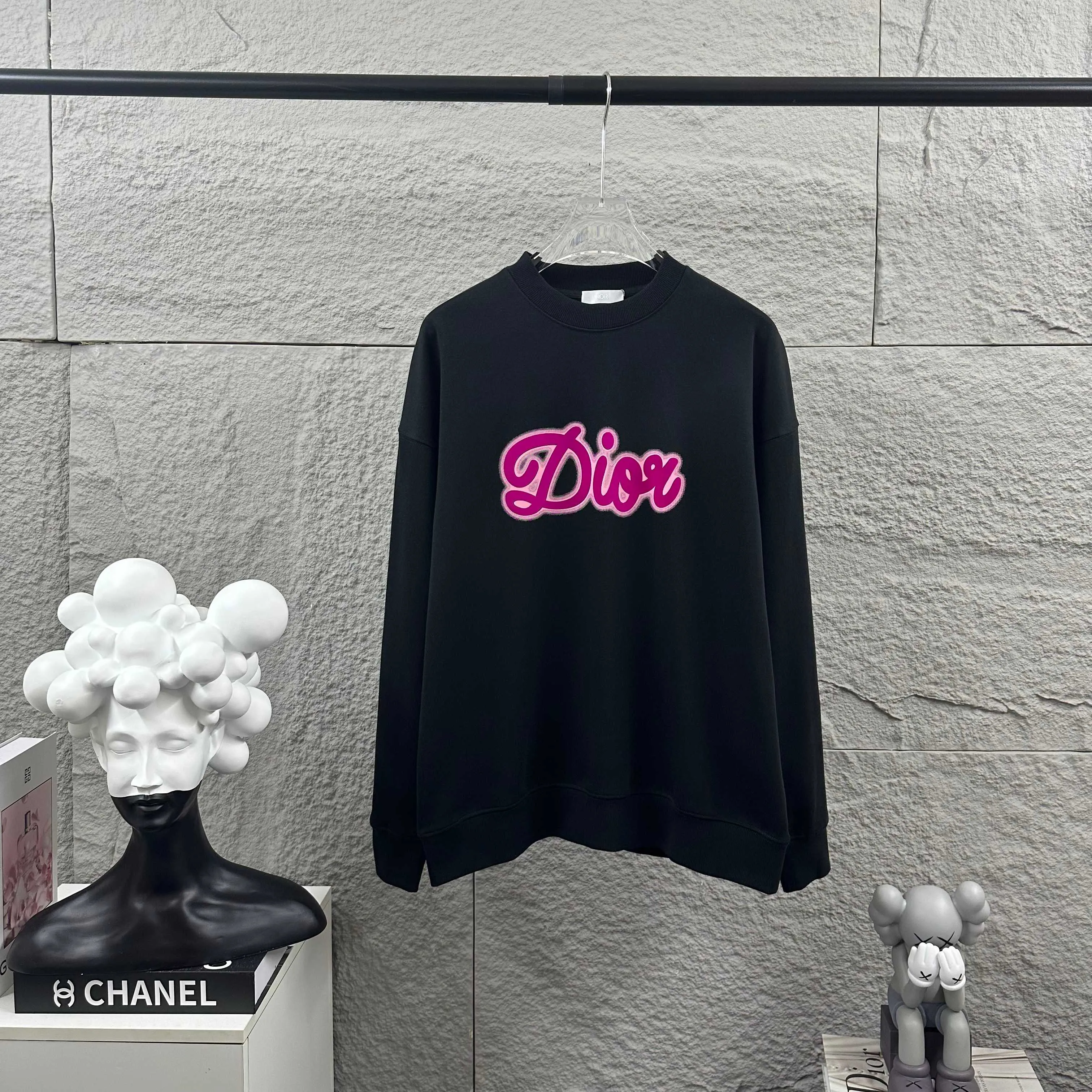 🅿️260 Dio* Christian Dior 2025 early autumn and winter new style, classic letter three-dimensional flocking technology + printing, simple and elegant, custom terry fabric, long-sleeved sweatshirt, same style for men and women, color: black, white, size: S (90-130 pounds) M (120-150 pounds) L (140-165 pounds) XL (160-180 pounds) XXL (180-210 pounds)