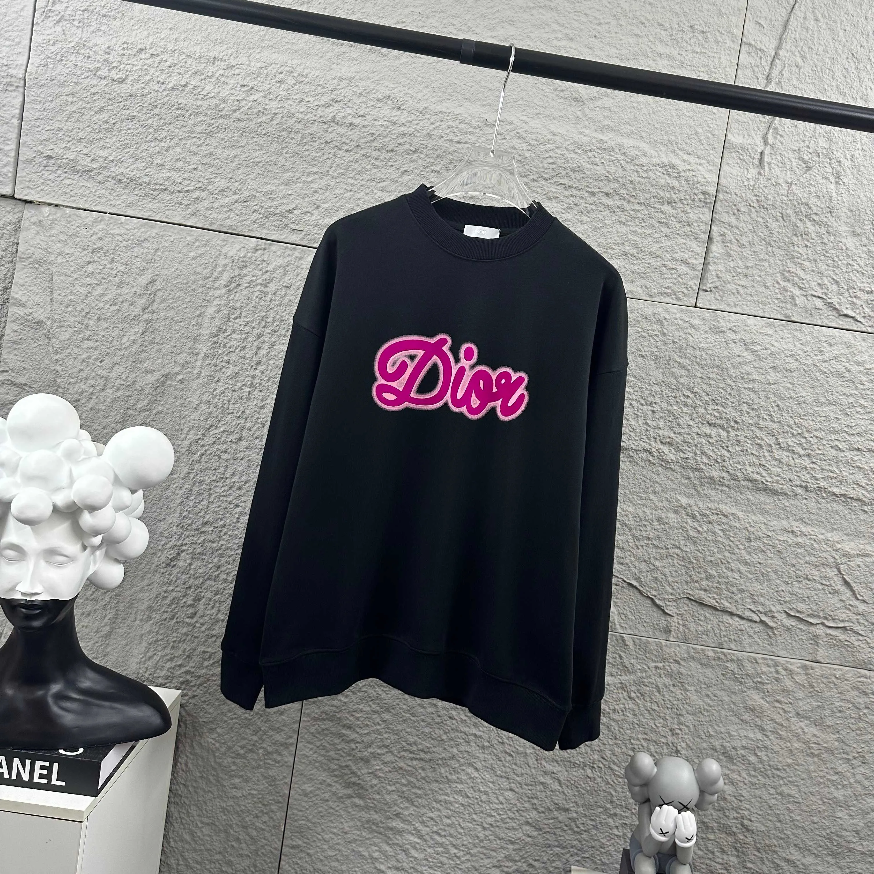 🅿️260 Dio* Christian Dior 2025 early autumn and winter new style, classic letter three-dimensional flocking technology + printing, simple and elegant, custom terry fabric, long-sleeved sweatshirt, same style for men and women, color: black, white, size: S (90-130 pounds) M (120-150 pounds) L (140-165 pounds) XL (160-180 pounds) XXL (180-210 pounds)