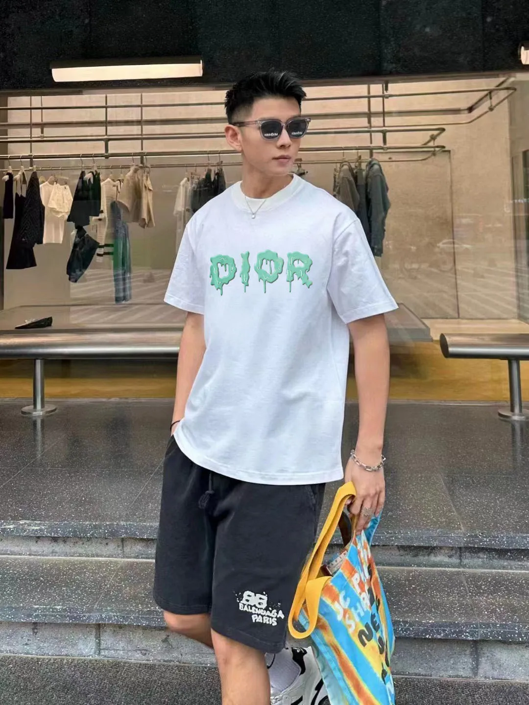 🅿️170 [DIOR Dior] 2025FW short-sleeved T-shirt LOGO printing High-end 26s double yarn 300g fabric Heavy fabric Customized frame ribbing in the same cylinder and dyeing Complete three standards Same style for men and women Color: Black White Size: S M L XL 2XL