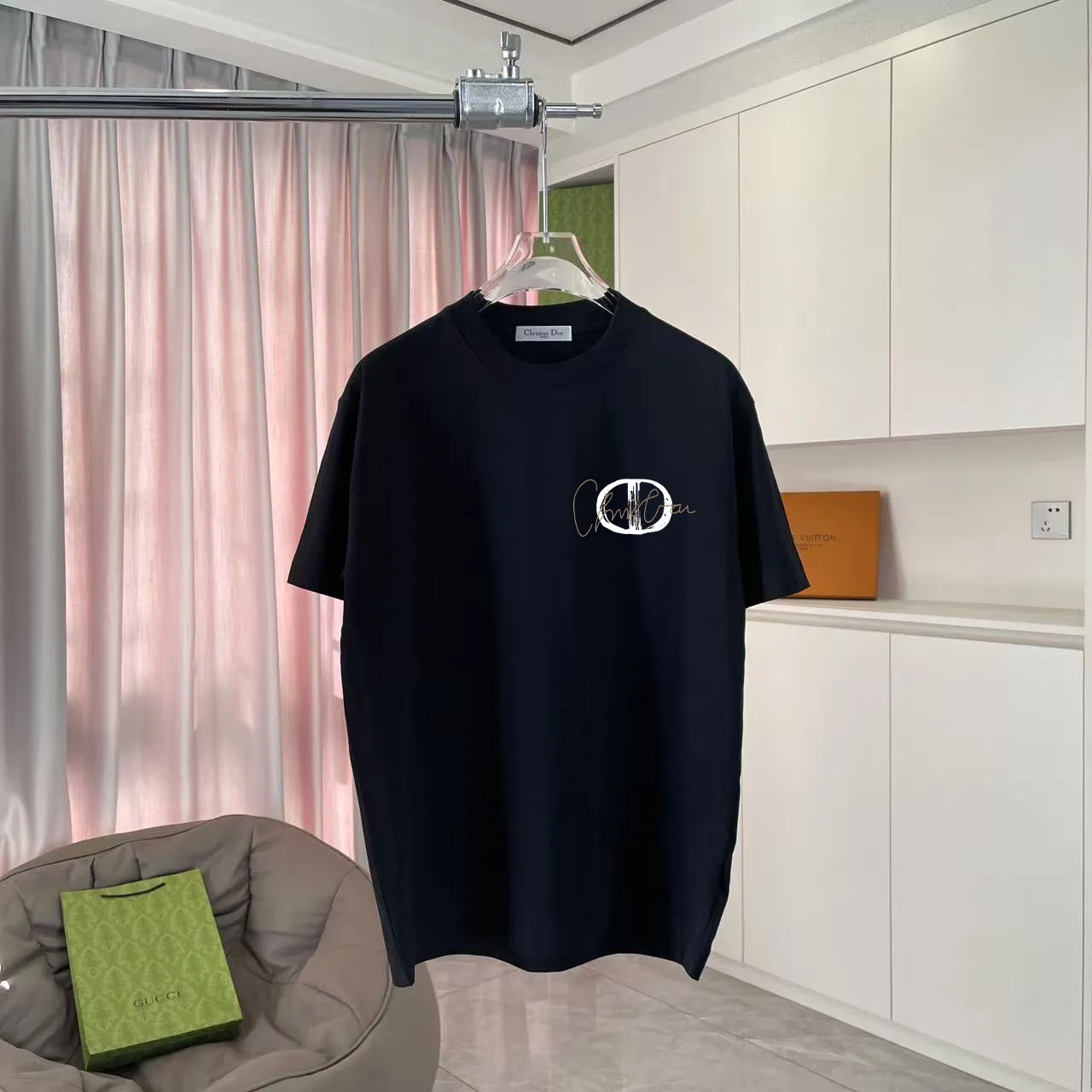 🅿️170 Dio Dior 2025 summer new style Personalized letter logo printing Short-sleeved T-shirt Customized fabric 300g Same style for men and women Color: Black White Lake Green Iron Gray Size: S M L XL XXL Five codes​