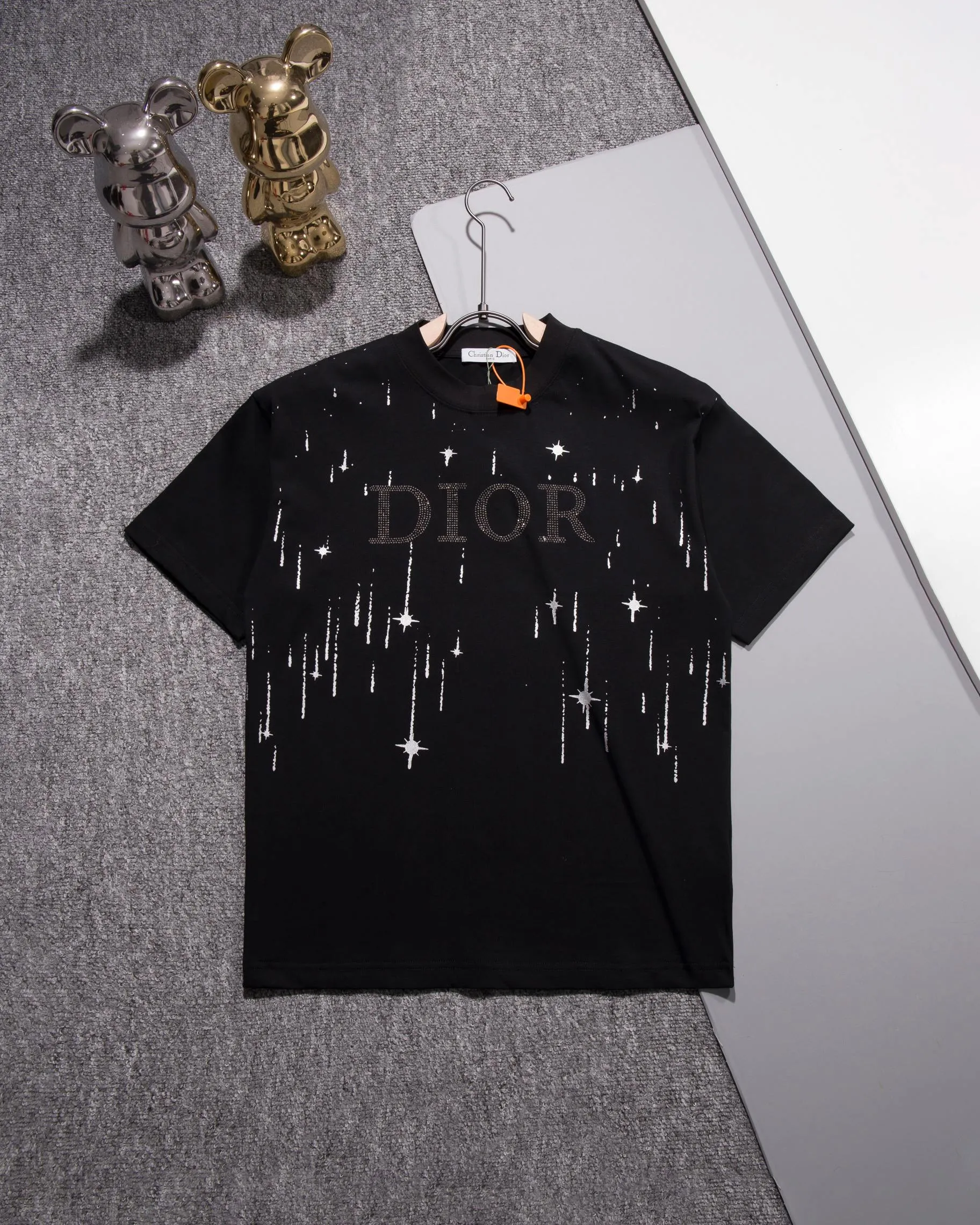 🅿️200 DIOR Dior round neck short-sleeved T-shirt printed hot diamond LOGO official synchronization 1:1 original mold opening fashion personality versatile trend pure original quality original washed fabrics hangtag collar label washed wheat complete three standards Color: Black. White. Size: S M L XL