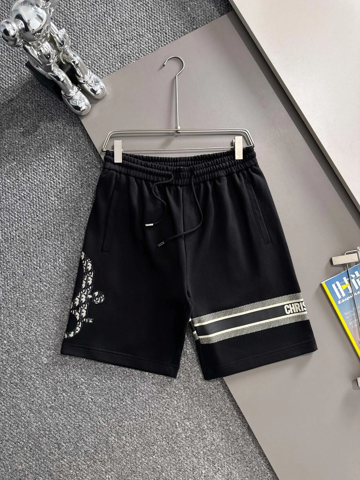 🅿️210 set style! Dior Dior 2025 new model, light luxury, patch embroidery logo, flocked CD striped letters, daily commuting for men and women, essential casual shorts, ·Customized terry fabric, ·Imported machine embroidery process, ·Inner edge processing, no head pressure, ·Waist label, hang tag, three wash marks, complete, color: black, size: XS S M L