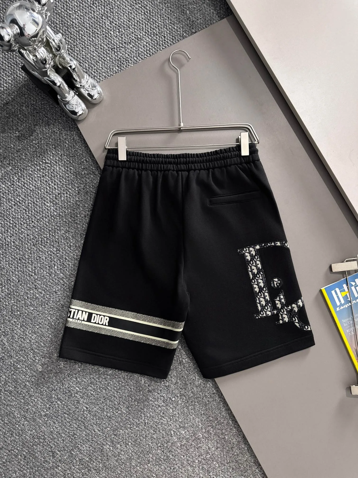 🅿️210 set style! Dior Dior 2025 new model, light luxury, patch embroidery logo, flocked CD striped letters, daily commuting for men and women, essential casual shorts, ·Customized terry fabric, ·Imported machine embroidery process, ·Inner edge processing, no head pressure, ·Waist label, hang tag, three wash marks, complete, color: black, size: XS S M L