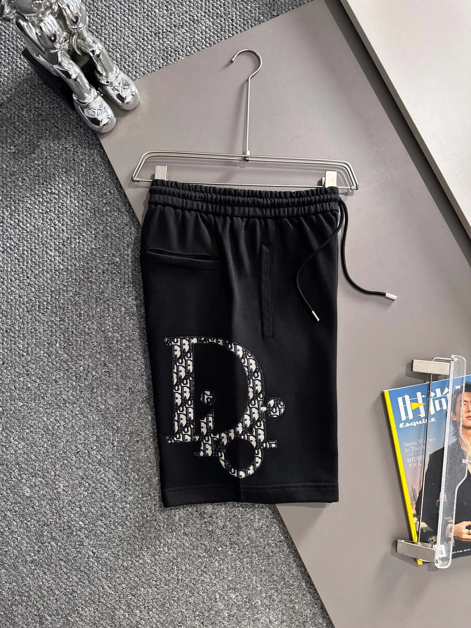 🅿️210 set style! Dior Dior 2025 new model, light luxury, patch embroidery logo, flocked CD striped letters, daily commuting for men and women, essential casual shorts, ·Customized terry fabric, ·Imported machine embroidery process, ·Inner edge processing, no head pressure, ·Waist label, hang tag, three wash marks, complete, color: black, size: XS S M L