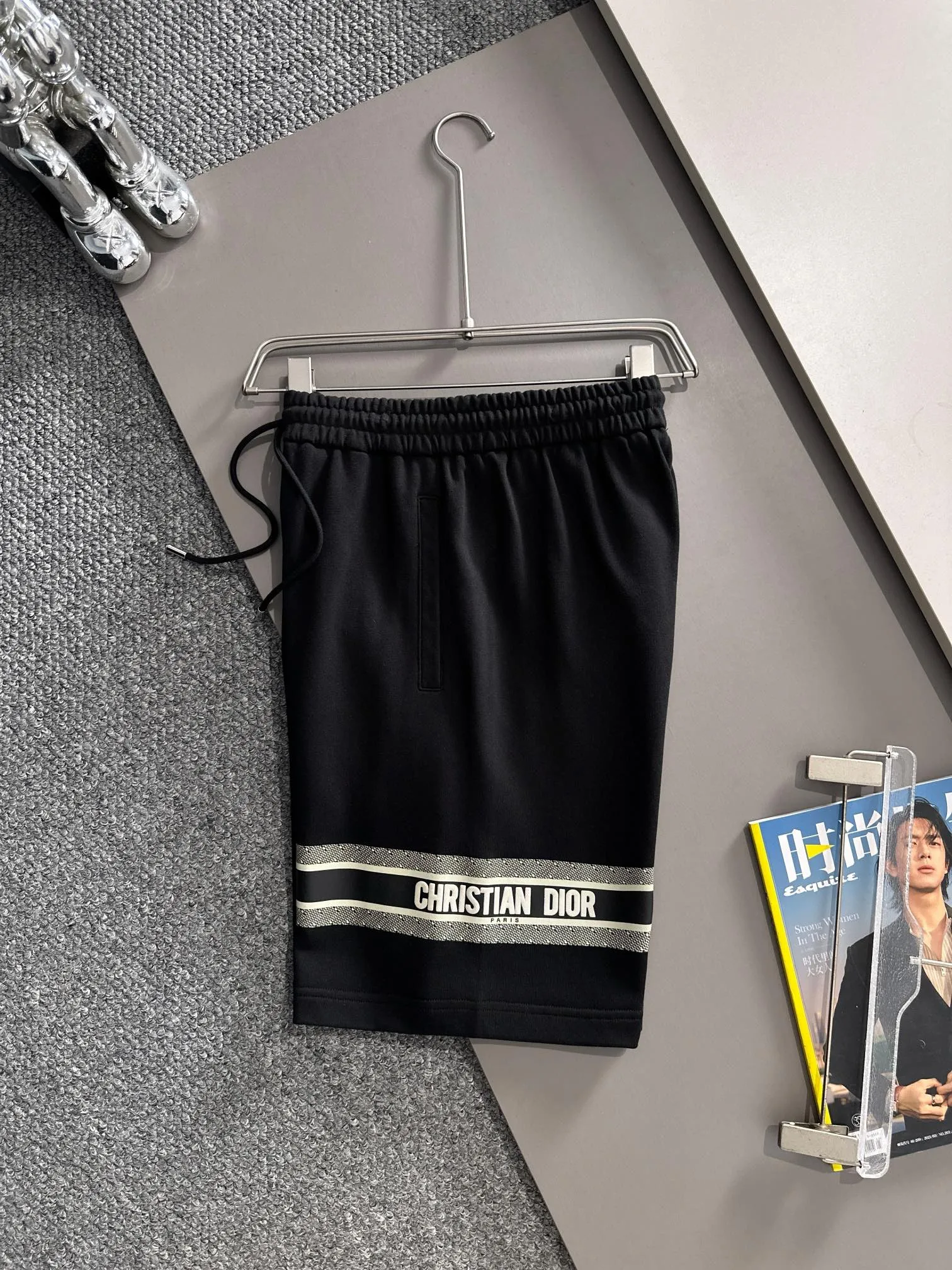 🅿️210 set style! Dior Dior 2025 new model, light luxury, patch embroidery logo, flocked CD striped letters, daily commuting for men and women, essential casual shorts, ·Customized terry fabric, ·Imported machine embroidery process, ·Inner edge processing, no head pressure, ·Waist label, hang tag, three wash marks, complete, color: black, size: XS S M L