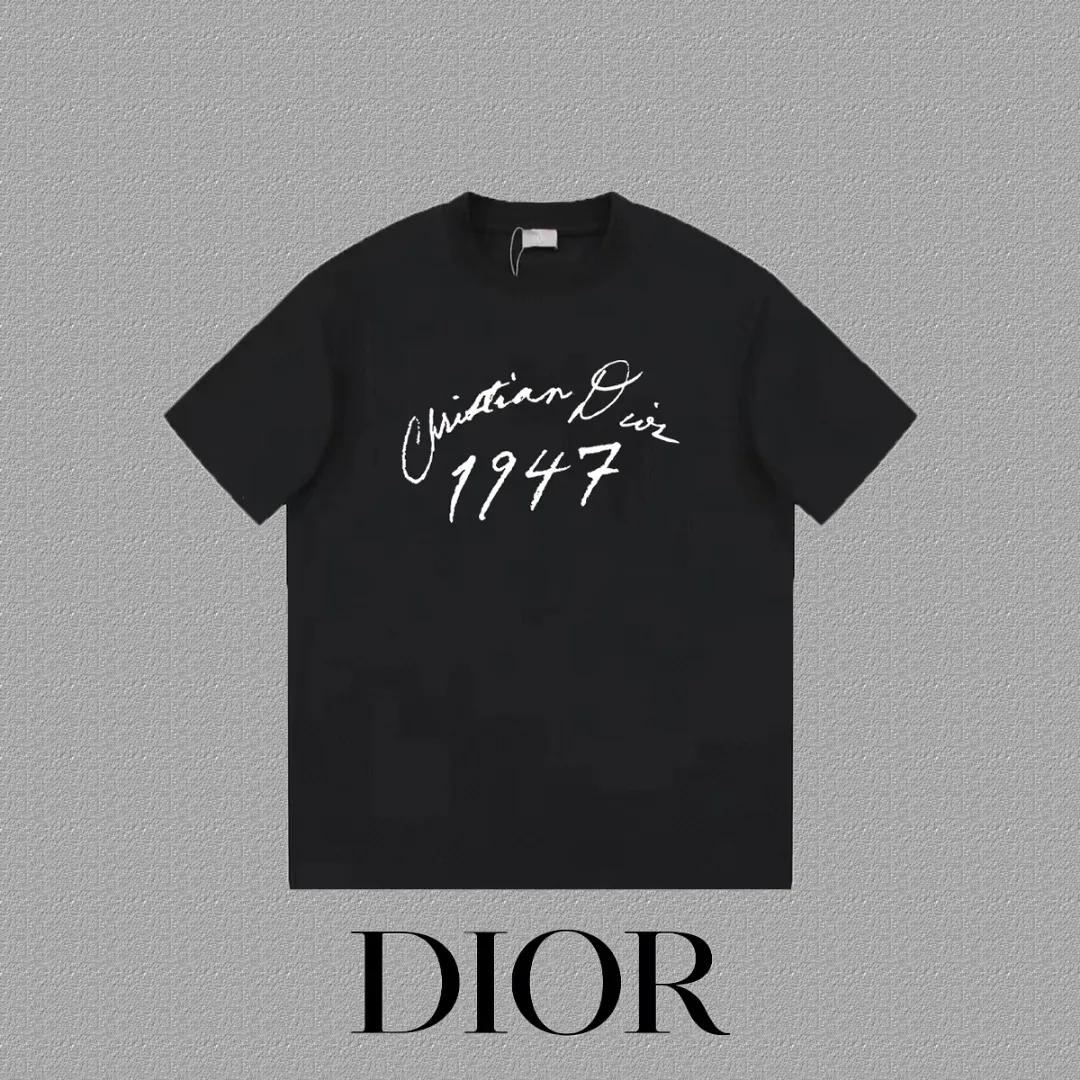 🅿️170 [DIOR Dior] 2025FW short-sleeved T-shirt LOGO printing High-end 26s double yarn 300g fabric Heavy fabric Customized frame ribbing in the same cylinder and dyeing Complete three standards Same style for men and women Color: Black White Size: S M L XL 2XL