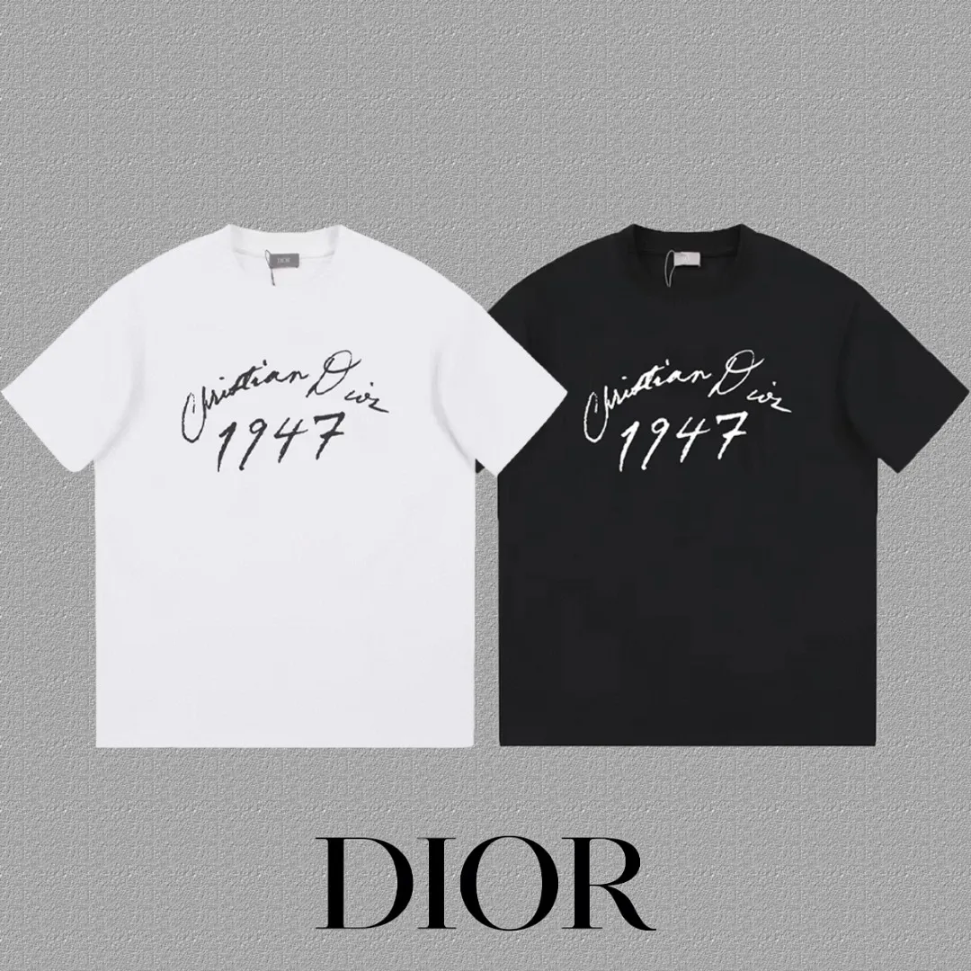 🅿️170 [DIOR Dior] 2025FW short-sleeved T-shirt LOGO printing High-end 26s double yarn 300g fabric Heavy fabric Customized frame ribbing in the same cylinder and dyeing Complete three standards Same style for men and women Color: Black White Size: S M L XL 2XL