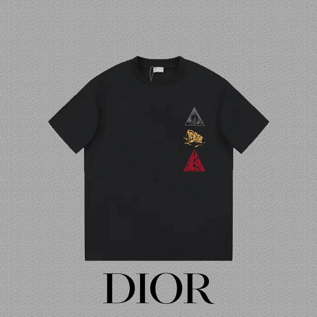🅿️170 [DIOR Dior] 2025FW short-sleeved T-shirt LOGO printing High-end 26s double yarn 300g fabric Heavy fabric Customized frame ribbing in the same cylinder and dyeing Complete three standards Same style for men and women Color: Black White Size: S M L XL 2XL