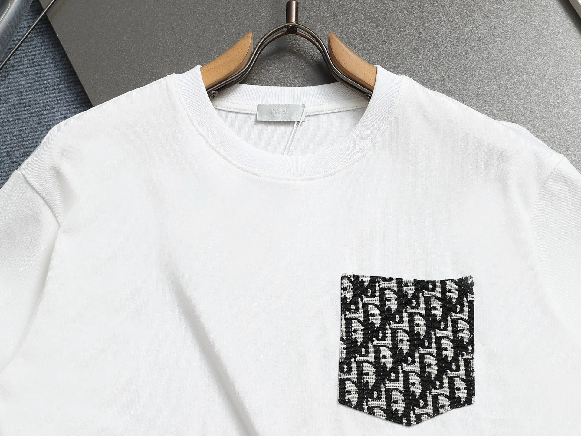 🅿️170 Dior Dijia 2024 new style, customized 270g double yarn pure cotton fabric, patch pocket letter logo, same style for men and women, short-sleeved T-shirt, color: black/white, size: XS-L