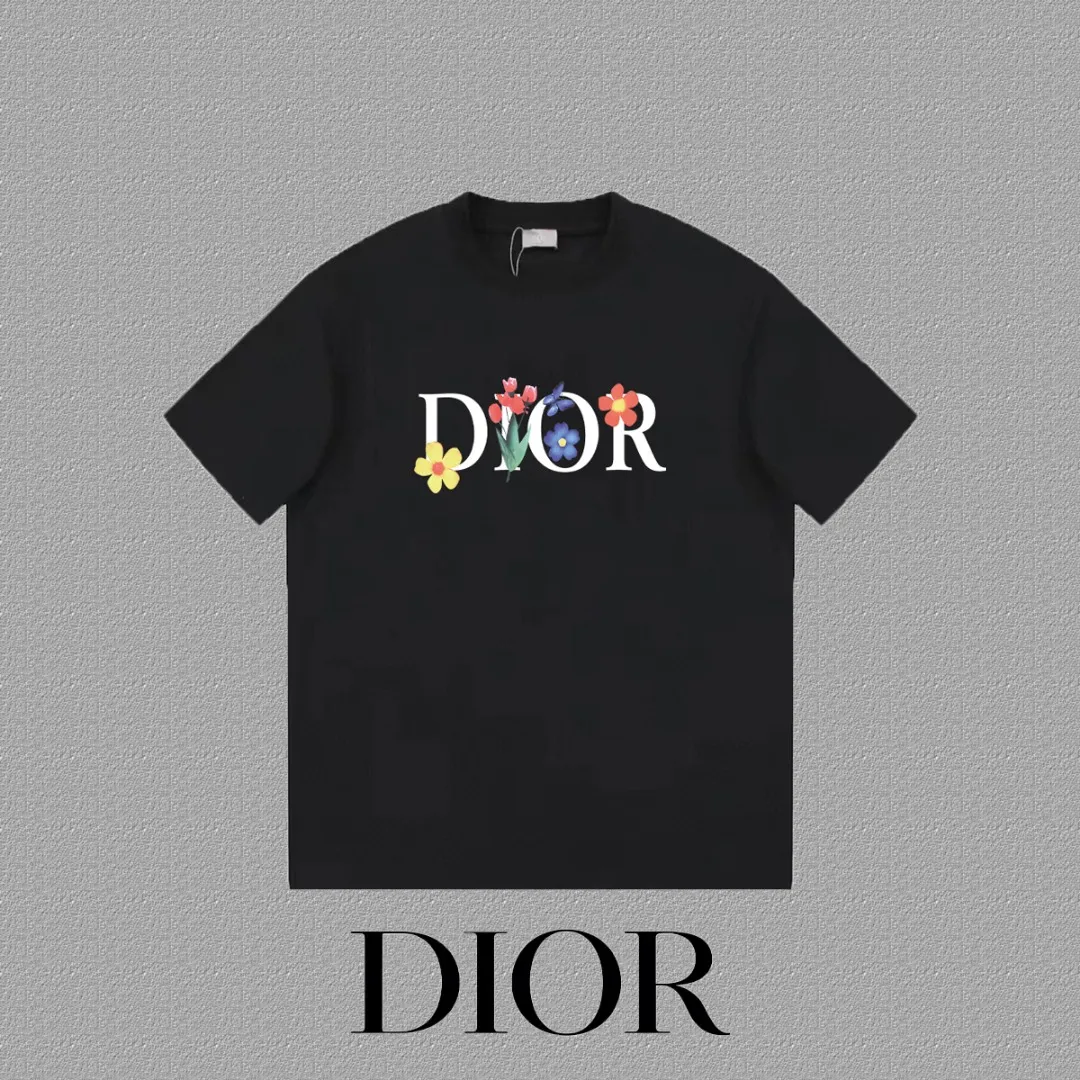 🅿️170 [DIOR Dior] 2025FW short-sleeved T-shirt LOGO printing High-end 26s double yarn 300g fabric Heavy fabric Customized frame ribbing in the same cylinder and dyeing Complete three standards Same style for men and women Color: Black White Size: S M L XL 2XL