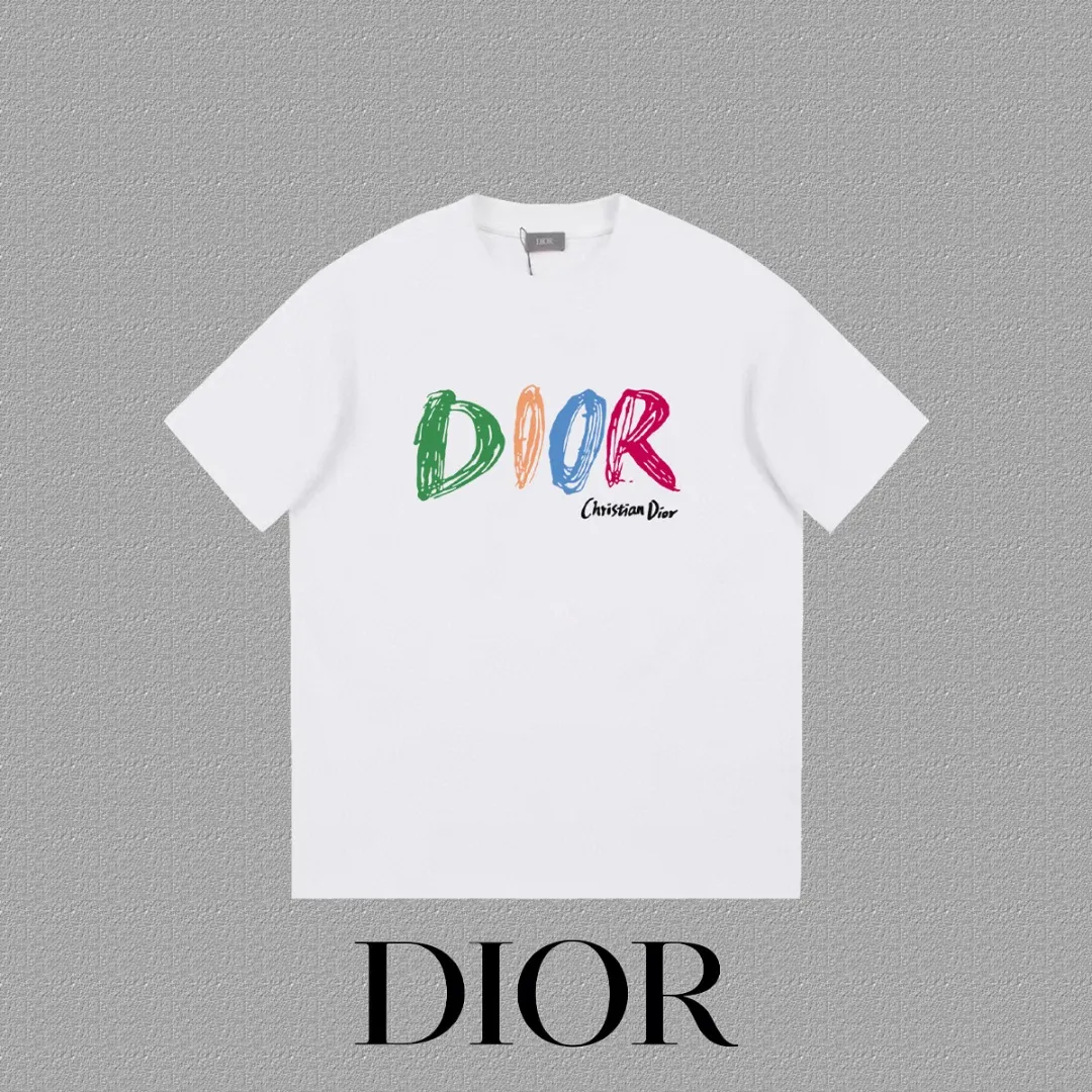 🅿️170 [DIOR Dior] 2025FW short-sleeved T-shirt LOGO printing High-end 26s double yarn 300g fabric Heavy fabric Customized frame ribbing in the same cylinder and dyeing Complete three standards Same style for men and women Color: Black White Size: S M L XL 2XL