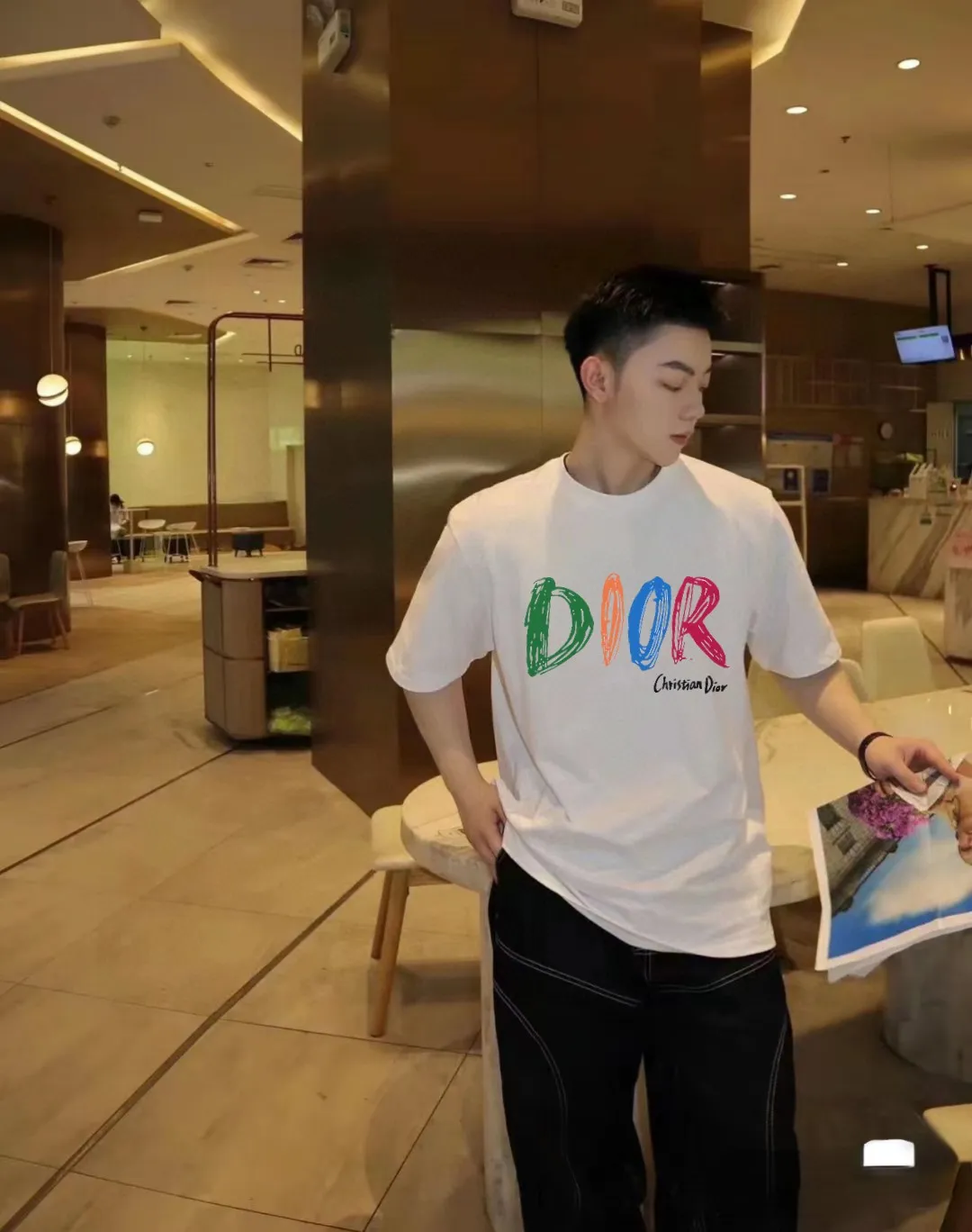 🅿️170 [DIOR Dior] 2025FW short-sleeved T-shirt LOGO printing High-end 26s double yarn 300g fabric Heavy fabric Customized frame ribbing in the same cylinder and dyeing Complete three standards Same style for men and women Color: Black White Size: S M L XL 2XL