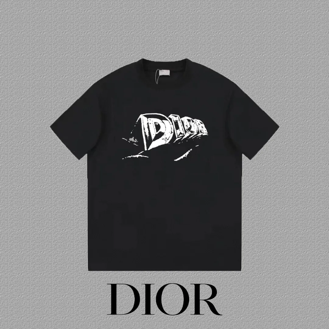 🅿️170 [DIOR Dior] 2025FW short-sleeved T-shirt LOGO printing High-end 26s double yarn 300g fabric Heavy fabric Customized frame ribbing in the same cylinder and dyeing Complete three standards Same style for men and women Color: Black White Size: S M L XL 2XL