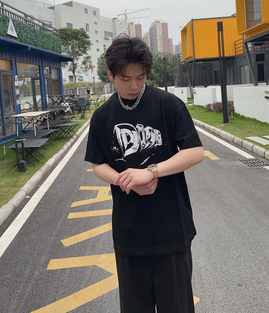 🅿️170 [DIOR Dior] 2025FW short-sleeved T-shirt LOGO printing High-end 26s double yarn 300g fabric Heavy fabric Customized frame ribbing in the same cylinder and dyeing Complete three standards Same style for men and women Color: Black White Size: S M L XL 2XL