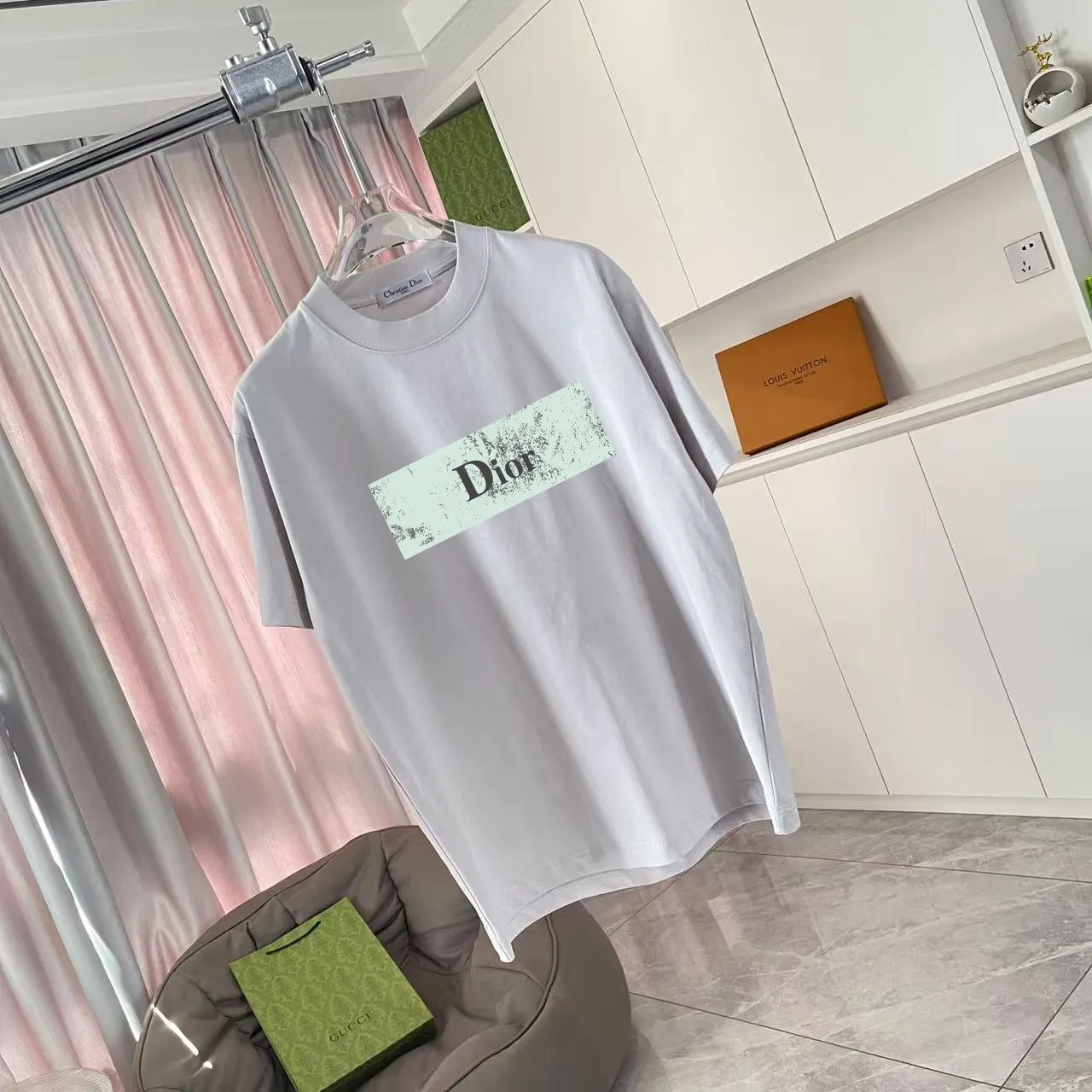 🅿️170 Dio*Dior 2025 summer new style Personalized letter logo printing Short-sleeved T-shirt Customized fabric 300g Same style for men and women Color: Black White Purple Iron Gray Size: S M L XL XXL Five codes​