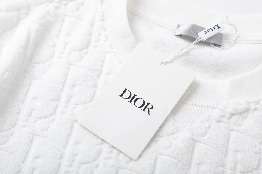 🅿️170 Dior Dior 2025 early spring new style customized towel jacquard fabric with dark letter logo all over, same style for men and women, short-sleeved T-shirt Color: White Size: XS-L