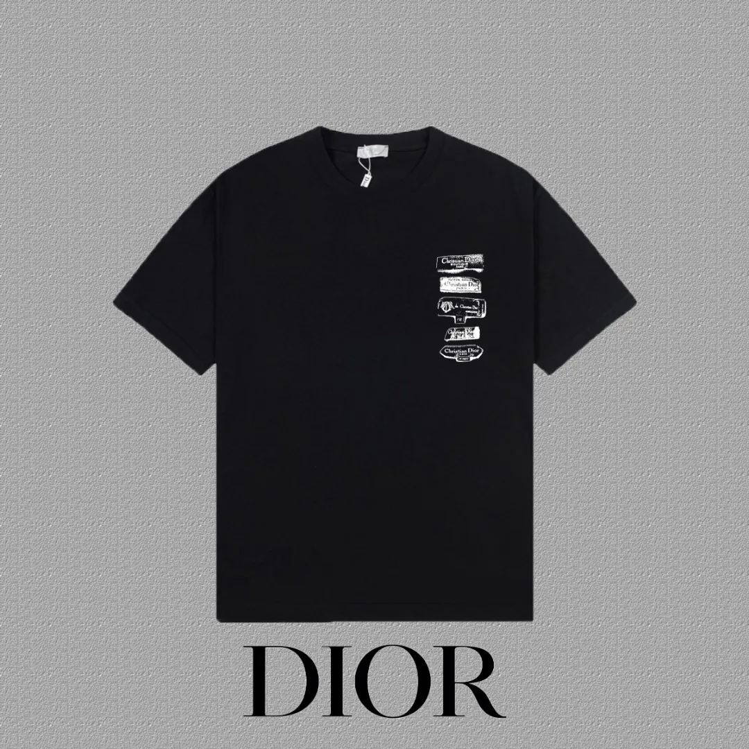 🅿️170 [DIOR Dior] 2025FW short-sleeved T-shirt LOGO printing High-end 26s double yarn 300g fabric Heavy fabric Customized frame ribbing in the same cylinder and dyeing Complete three standards Same style for men and women Color: Black White Size: S M L XL 2XL