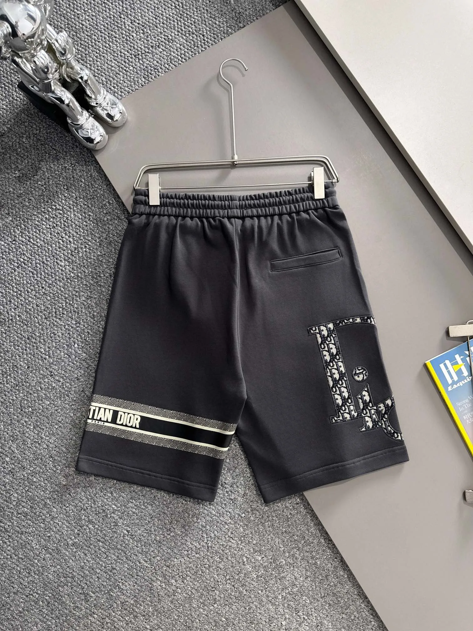 🅿️210 set style! Dior Dior 2025 new model, light luxury, patch embroidery logo, flocked CD striped letters, daily commuting for men and women, essential casual shorts, ·Customized terry fabric, ·Imported machine embroidery process, ·Inner edge processing, no head pressure, ·Waist label, hanging tag, three washable marks, complete, color: gray, size: XS S M L