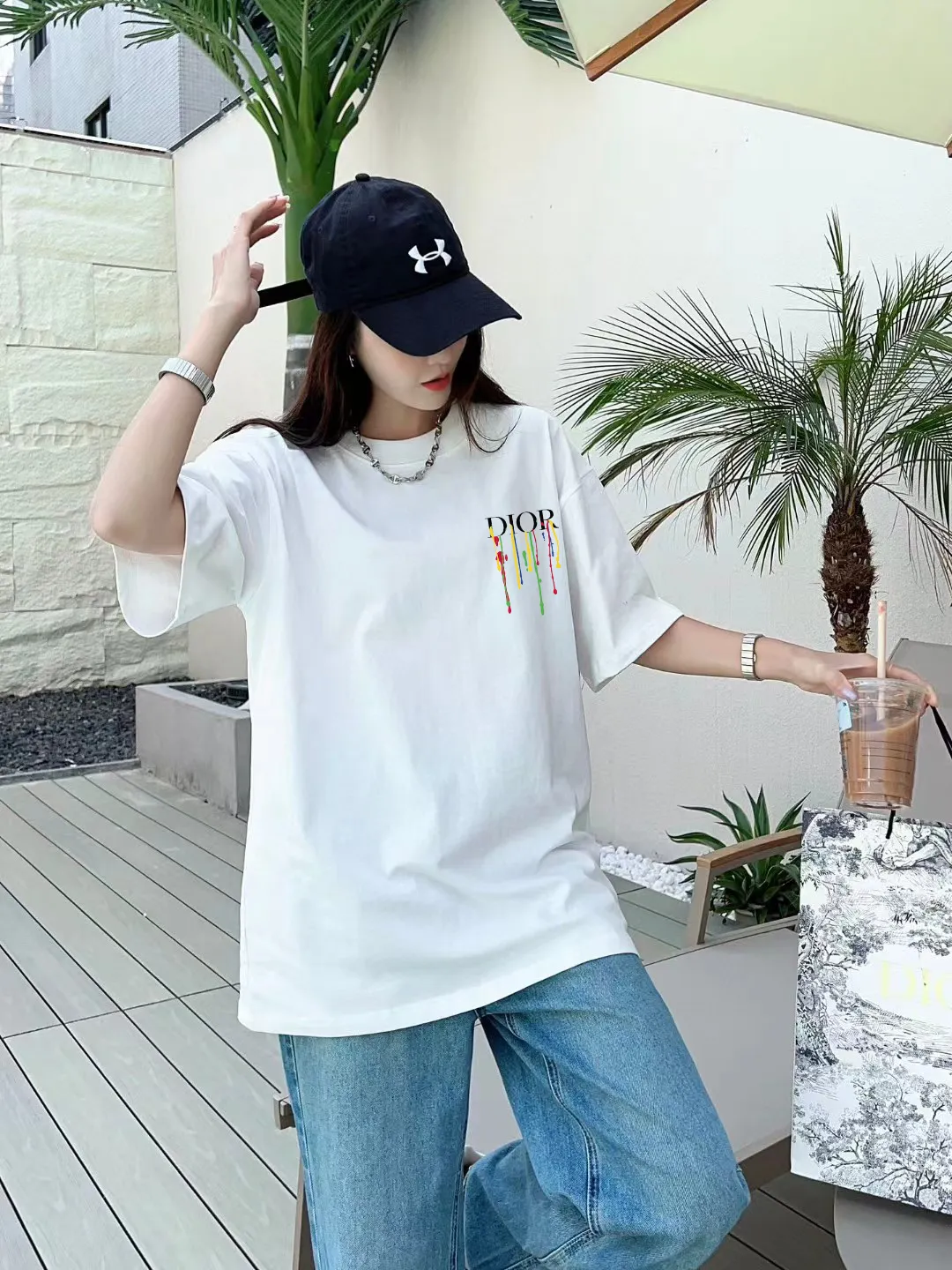 🅿️170 [DIOR Dior] 2025FW short-sleeved T-shirt LOGO printing High-end 26s double yarn 300g fabric Heavy fabric Customized frame ribbing in the same cylinder and dyeing Complete three standards Same style for men and women Color: Black White Size: S M L XL 2XL