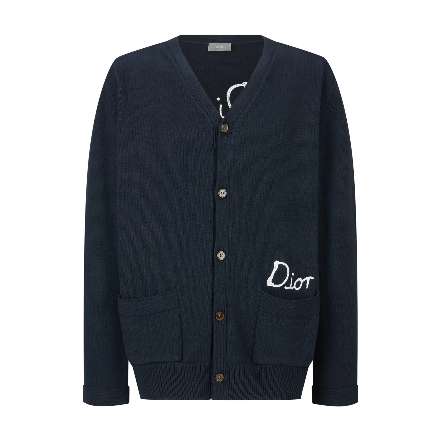 🅿️560 [Exclusive supply] CD Friend Embroidered Cotton Blended Button Cardigan (Navy Blue) The fabric is made of 40-count cotton yarn and wool, and the cotton content is 62%. It is mixed with 38% polyester. Mixing two kinds of wool materials can effectively make the upper body more three-dimensional. The embroidery uses high-density wool yarn embroidery technology, and the front numbers are all equipped with the joint series embroidery LOGO. The number of stitches is about 12,000. The auxiliary buttons are made of natural horn buttons, with the brand's iconic [DIOR] LOGO on the buttons. This cardigan displays the Dior For My Real Friends logo from the DIOR AND HYLTON NEL collaboration. Crafted from white cotton-blend jersey with embroidery on the front and back, button fastening and ribbed trims. Size:S-M-L