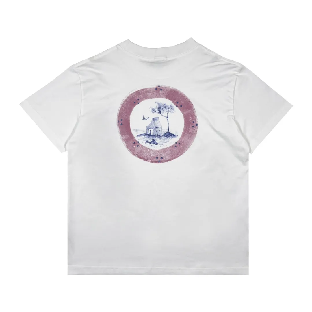 🅿️210 CD Summer 25ss Pink Circle Illustration Digital Printing Round Neck Short Sleeve Size XS-L