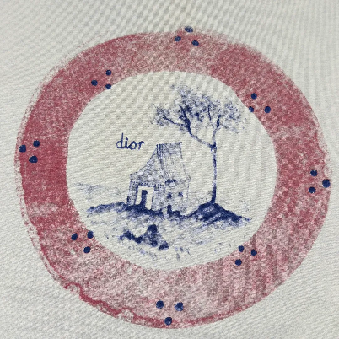 🅿️210 CD Summer 25ss Pink Circle Illustration Digital Printing Round Neck Short Sleeve Size XS-L