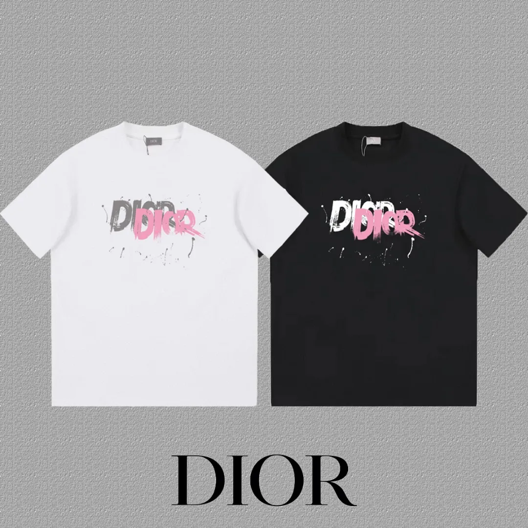 🅿️170 [DIOR Dior] 2025FW short-sleeved T-shirt LOGO printing High-end 26s double yarn 300g fabric Heavy fabric Customized frame ribbing in the same cylinder and dyeing Complete three standards Same style for men and women Color: Black White Size: S M L XL 2XL