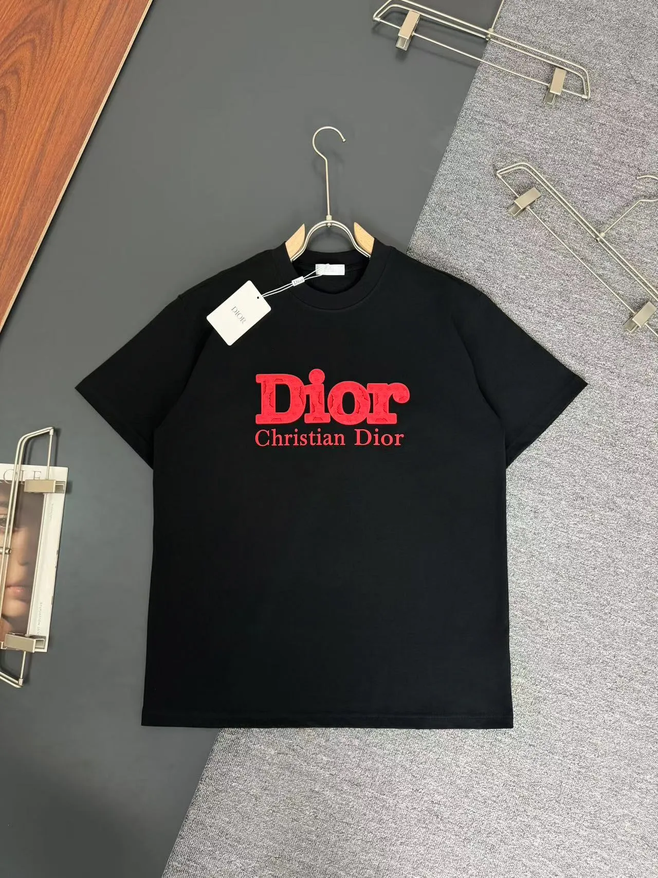 🅿️220 DIOR*Dior*320g heavyweight pure cotton t-shirt, thick, breathable and loose fit, heavy craftsmanship logo design, spring and summer new round neck fashionable short-sleeved t-shirt, comfortable to the skin, durable and easy to wear, meticulous original craftsmanship, a must-have for casual and versatile color: black white code number: S M L XL XXL