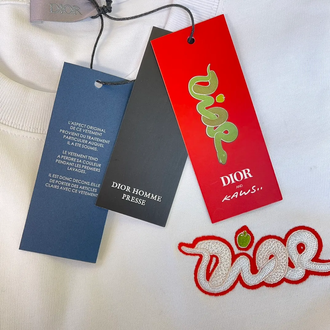 🅿️250 🧧CD pink snake small embroidery T Size: S-XL This T-shirt is from the DIOR AND KAWS limited series. Crafted from white cotton jersey and decorated with DIOR AND KAWS embroidery, the Dior logo is reinterpreted as a colorful snake. Wear it with the limited-edition trousers for a sophisticated look.