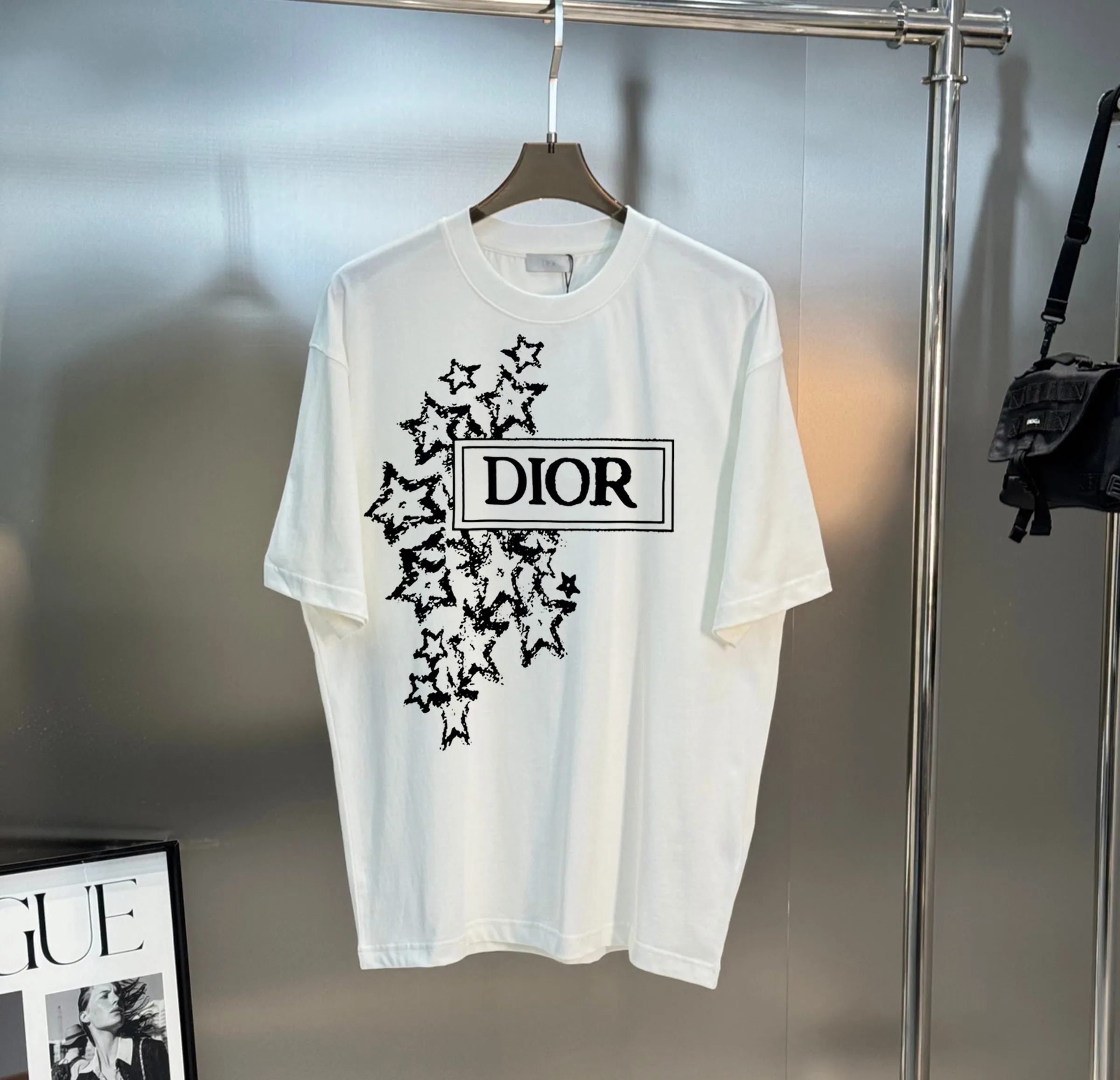🅿️180 DIOR/Dior 250g round neck short-sleeved T-shirt, brand letter small mark LOGO pattern printing process, official synchronization, high version, high quality, fashionable personality, versatile trend, pure original quality, original fabric, tag, collar label, washed wheat, three labels complete, color: black, white, size: s-xxl