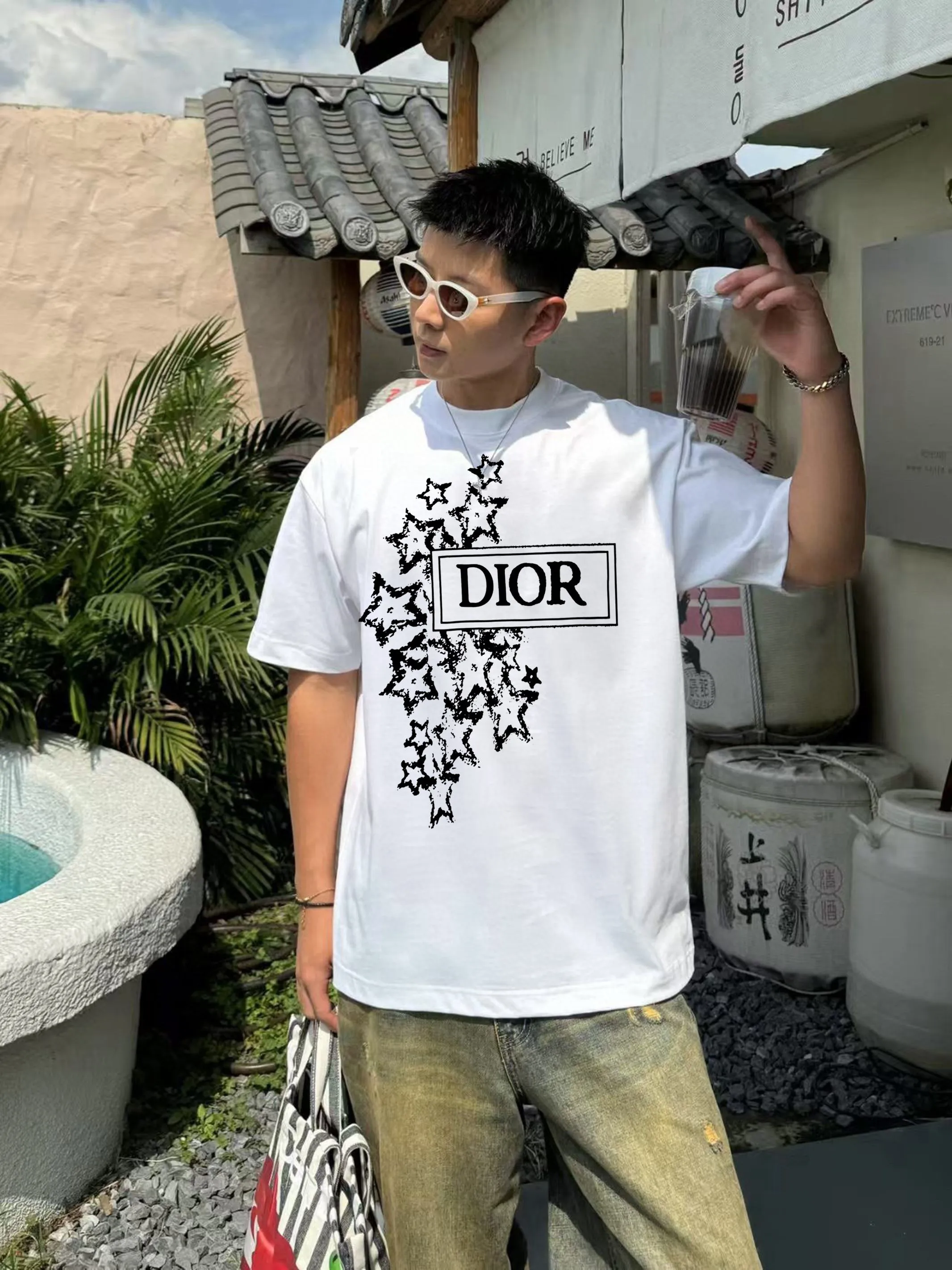 🅿️180 DIOR/Dior 250g round neck short-sleeved T-shirt, brand letter small mark LOGO pattern printing process, official synchronization, high version, high quality, fashionable personality, versatile trend, pure original quality, original fabric, tag, collar label, washed wheat, three labels complete, color: black, white, size: s-xxl