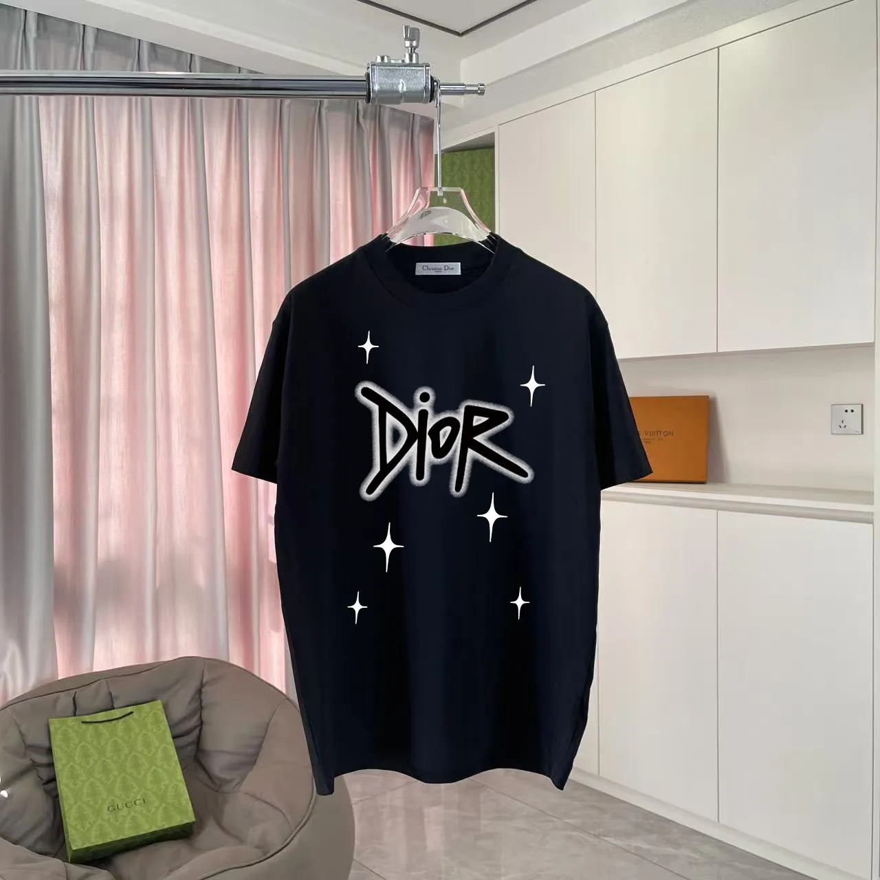 🅿️170 Dio*2025 autumn new style Personalized letter logo printing Short-sleeved T-shirt Customized fabric 300g Same style for men and women Color: black white lake green iron gray Size: S M L XL XXL five sizes