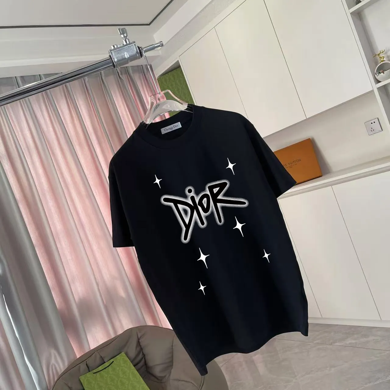 🅿️170 Dio*2025 autumn new style Personalized letter logo printing Short-sleeved T-shirt Customized fabric 300g Same style for men and women Color: black white lake green iron gray Size: S M L XL XXL five sizes