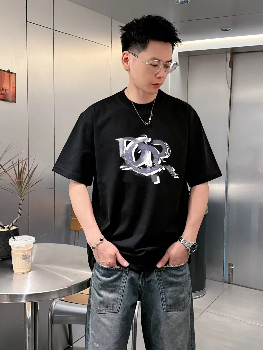 🅿️170 [DIOR Dior] 2025FW short-sleeved T-shirt LOGO printing High-end 26s double yarn 300g fabric Heavy fabric Customized frame ribbing in the same cylinder and dyeing Complete three standards Same style for men and women Color: Black White Size: S M L XL 2XL