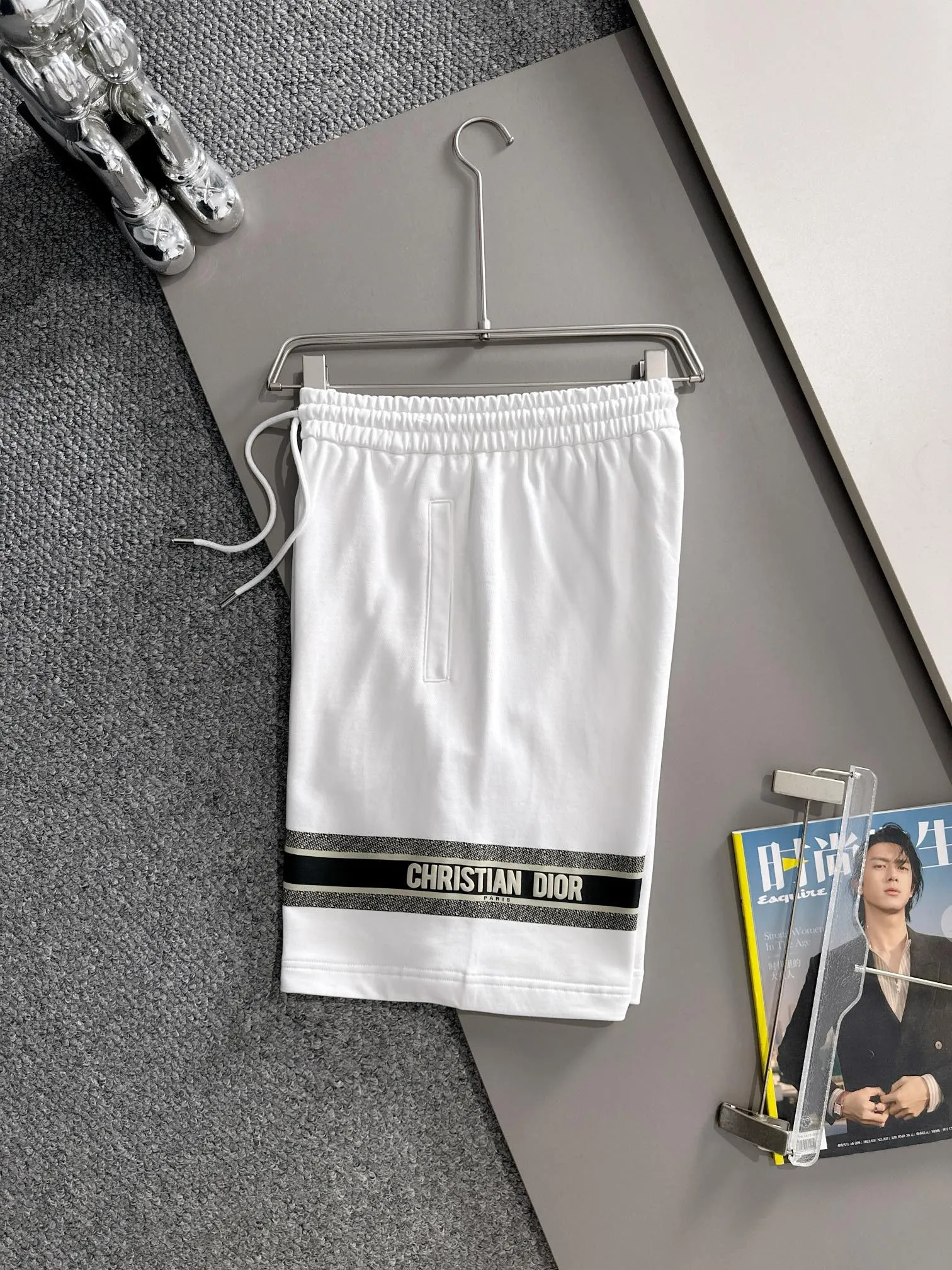 🅿️210 set style! Dior Dior 2025 new model, light luxury, patch embroidery logo, flocked CD striped letters, daily commuting for men and women, essential casual shorts, ·Customized terry fabric, ·Imported machine embroidery process, ·Inner edge processing, no head pressure, ·Waist label, hanging tag, three wash marks, complete, color: white, size: XS S M L