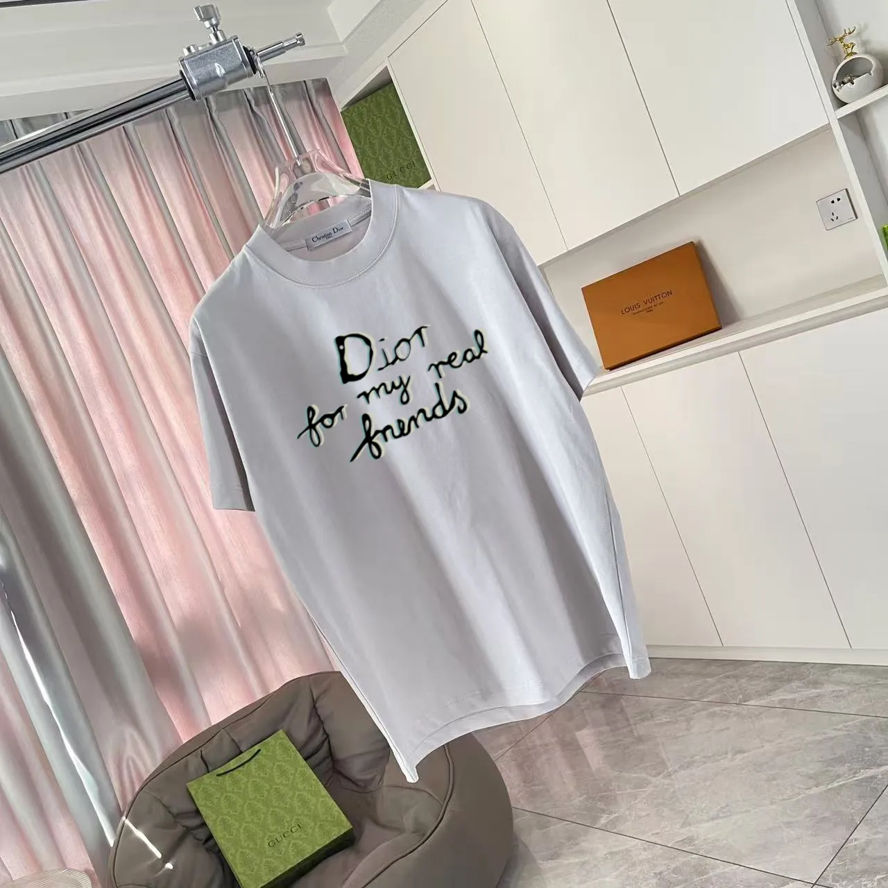 🅿️180 Dio Dior 2025 spring and summer new style personalized letter logo printing short-sleeved T-shirt customized fabric 300g same style for men and women Color: black white pink sky blue iron gray Size: S M L XL XXL five sizes ​