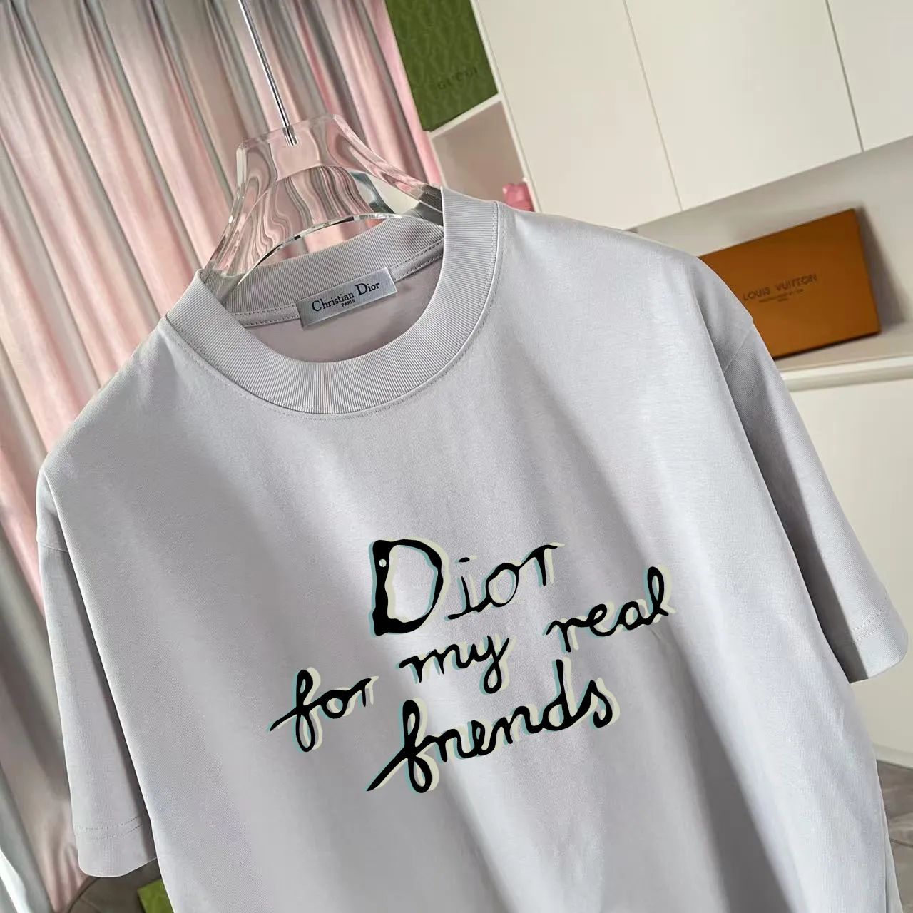 🅿️180 Dio Dior 2025 spring and summer new style personalized letter logo printing short-sleeved T-shirt customized fabric 300g same style for men and women Color: black white pink sky blue iron gray Size: S M L XL XXL five sizes ​