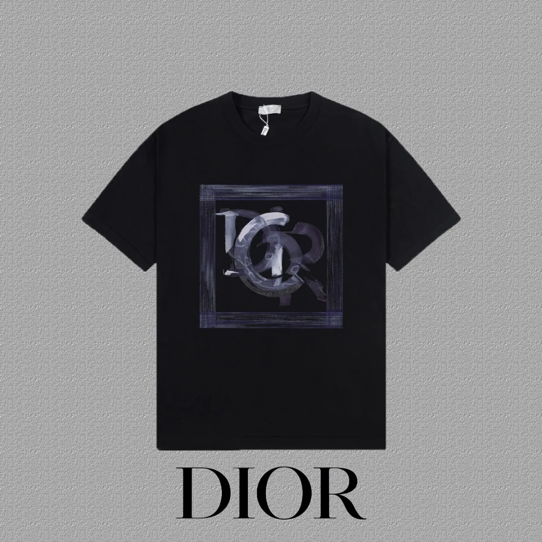🅿️170 [DIOR Dior] 2025FW short-sleeved T-shirt LOGO printing High-end 26s double yarn 300g fabric Heavy fabric Customized frame ribbing in the same cylinder and dyeing Complete three standards Same style for men and women Color: Black White Size: S M L XL 2XL