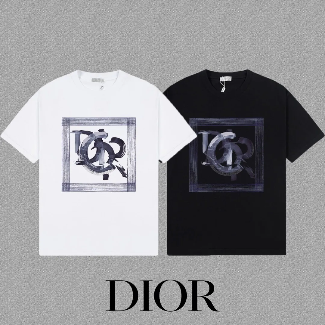 🅿️170 [DIOR Dior] 2025FW short-sleeved T-shirt LOGO printing High-end 26s double yarn 300g fabric Heavy fabric Customized frame ribbing in the same cylinder and dyeing Complete three standards Same style for men and women Color: Black White Size: S M L XL 2XL