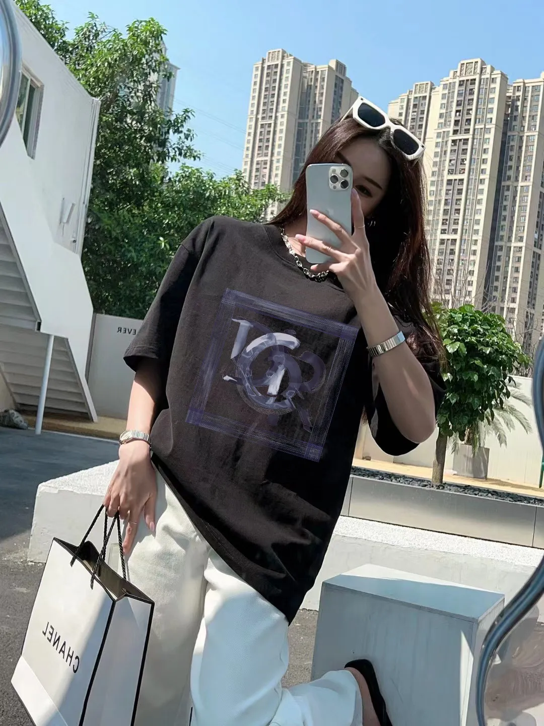 🅿️170 [DIOR Dior] 2025FW short-sleeved T-shirt LOGO printing High-end 26s double yarn 300g fabric Heavy fabric Customized frame ribbing in the same cylinder and dyeing Complete three standards Same style for men and women Color: Black White Size: S M L XL 2XL