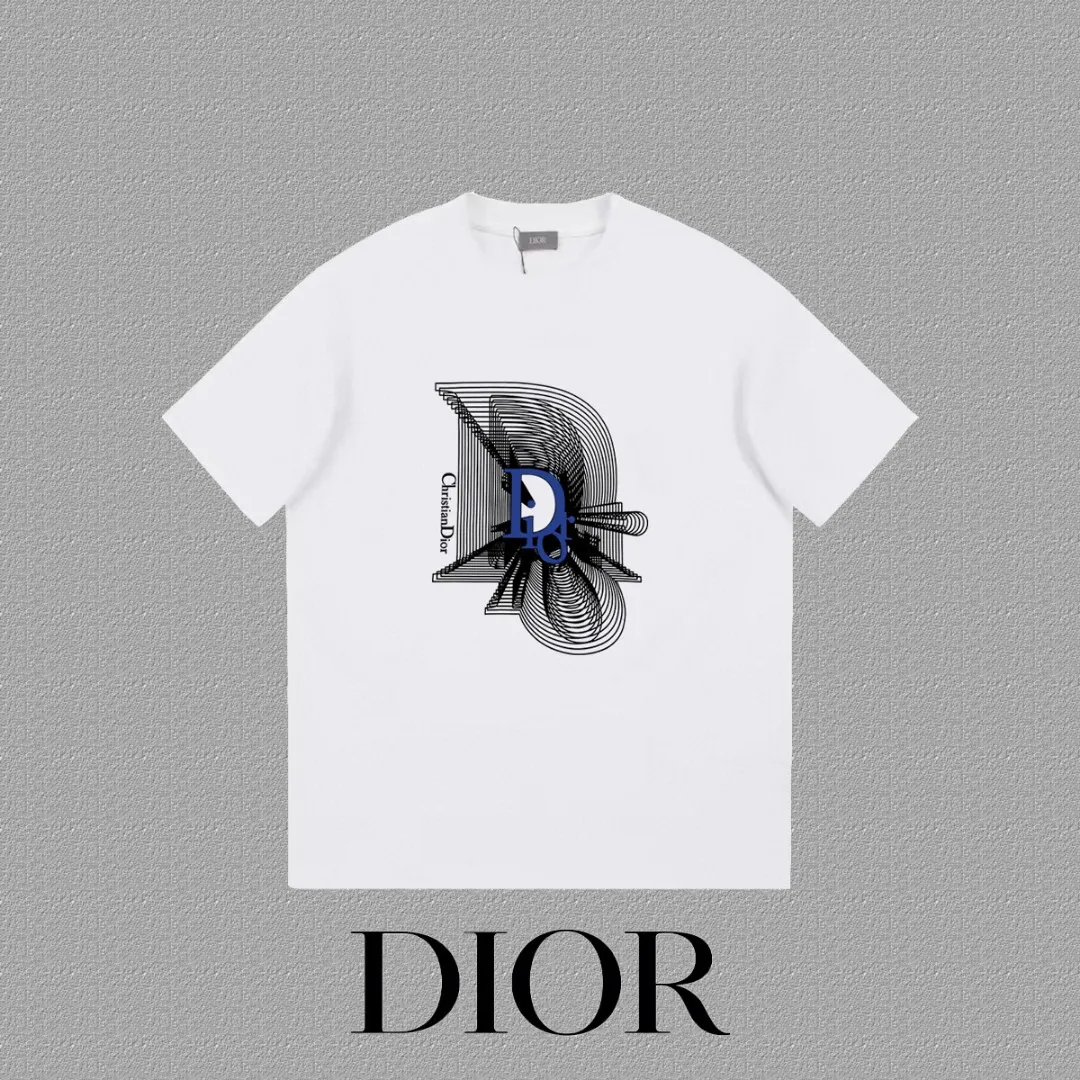 🅿️170 [DIOR Dior] 2025FW short-sleeved T-shirt LOGO printing High-end 26s double yarn 300g fabric Heavy fabric Customized frame ribbing in the same cylinder and dyeing Complete three standards Same style for men and women Color: Black White Size: S M L XL 2XL