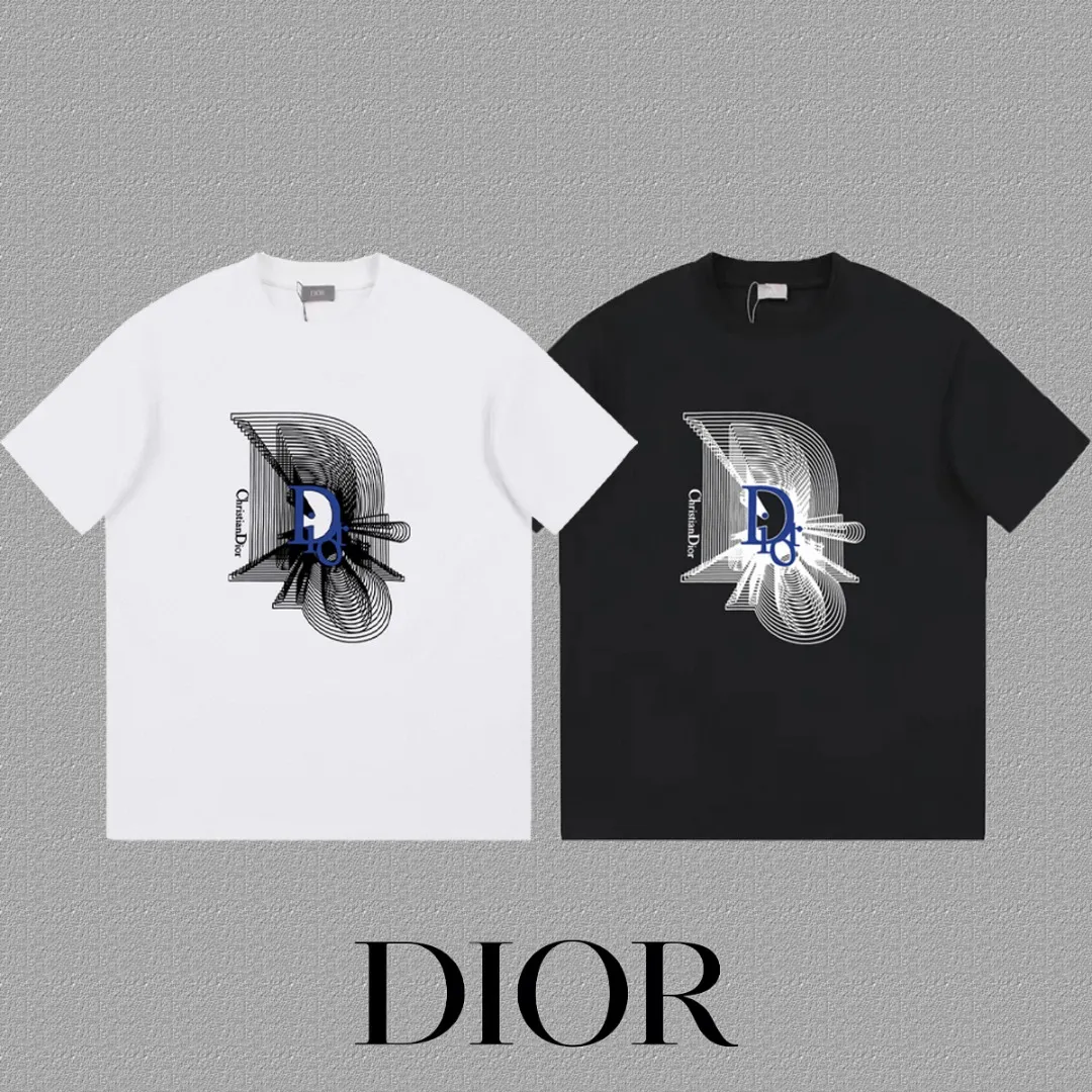 🅿️170 [DIOR Dior] 2025FW short-sleeved T-shirt LOGO printing High-end 26s double yarn 300g fabric Heavy fabric Customized frame ribbing in the same cylinder and dyeing Complete three standards Same style for men and women Color: Black White Size: S M L XL 2XL