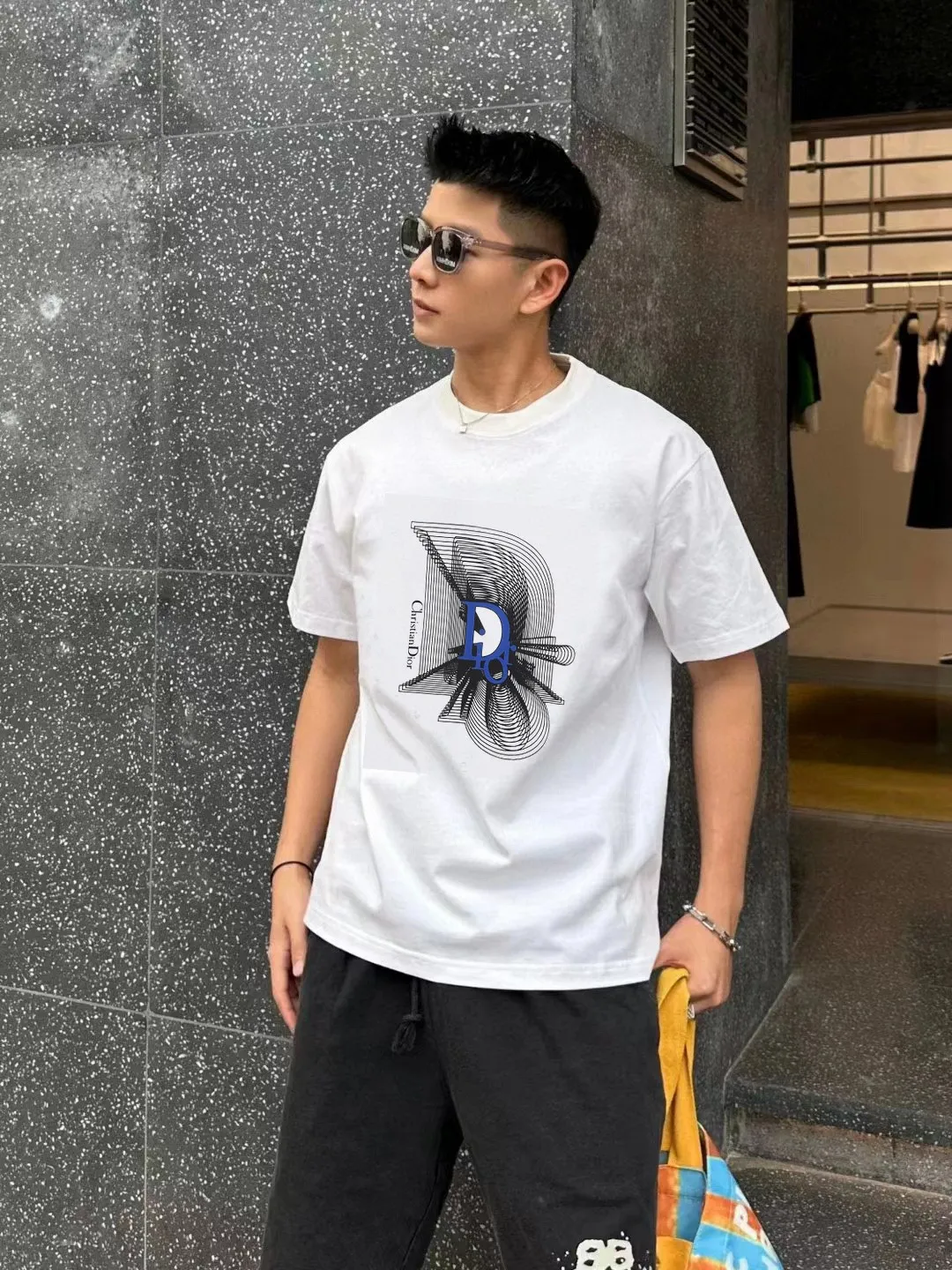 🅿️170 [DIOR Dior] 2025FW short-sleeved T-shirt LOGO printing High-end 26s double yarn 300g fabric Heavy fabric Customized frame ribbing in the same cylinder and dyeing Complete three standards Same style for men and women Color: Black White Size: S M L XL 2XL
