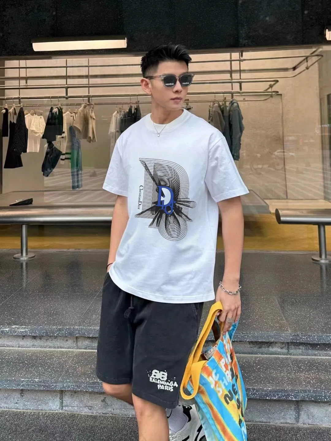 🅿️170 [DIOR Dior] 2025FW short-sleeved T-shirt LOGO printing High-end 26s double yarn 300g fabric Heavy fabric Customized frame ribbing in the same cylinder and dyeing Complete three standards Same style for men and women Color: Black White Size: S M L XL 2XL